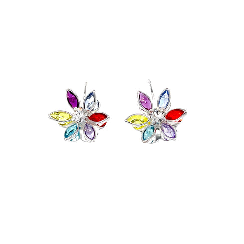 The Multicolor Birth Stones and Zirconia Silver Filled Earrings showcase a delightful floral design with petal-shaped stones in vibrant shades of red, purple, blue, yellow, and green. These colorful earrings are elegantly set against a white background in 14k silver-filled metal.
